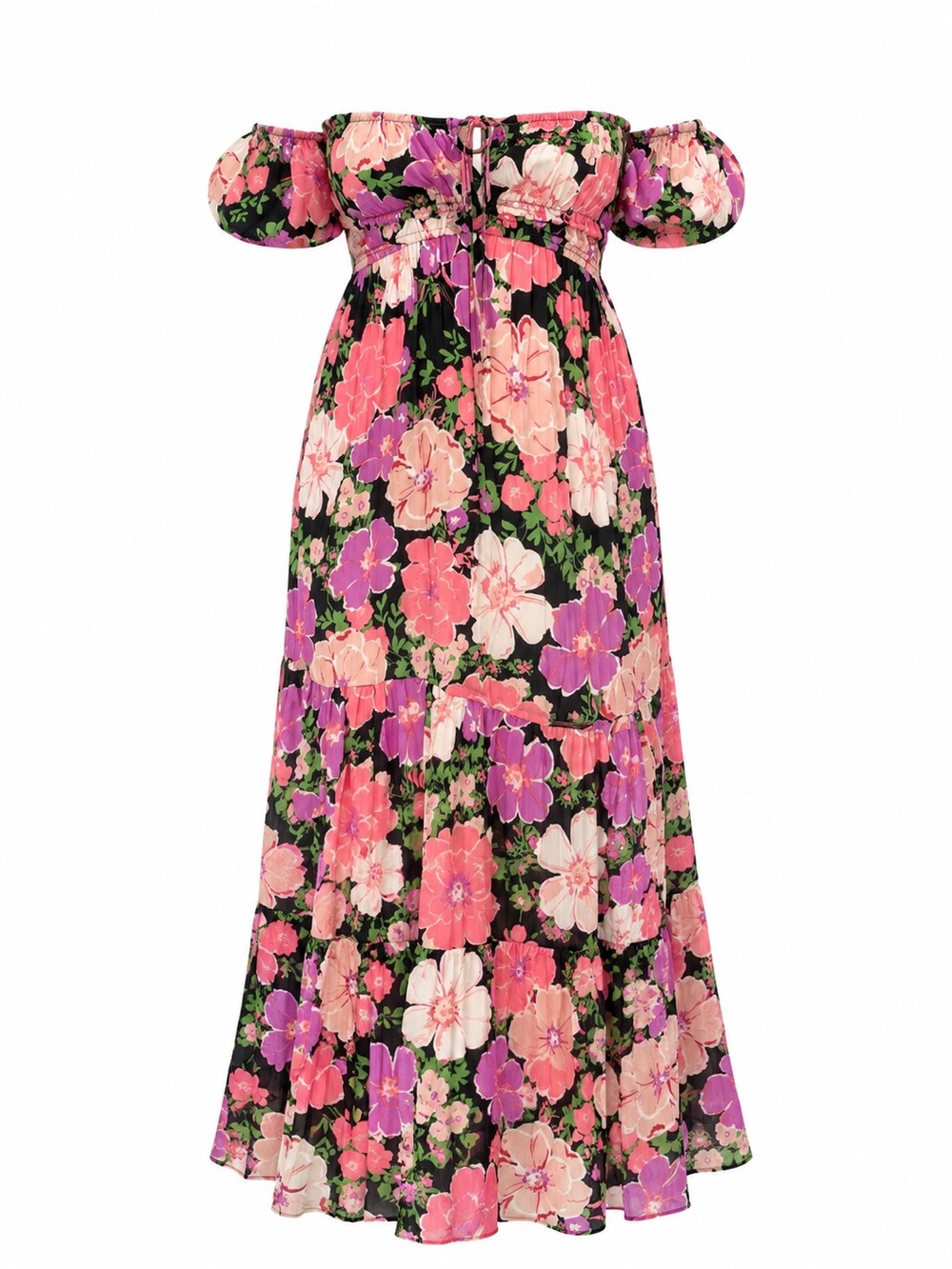 liberty Black Off-Shoulder Floral Maxi Dress with Pink and Purple Blooms